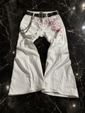 White Flare Jeans With Red Pattern