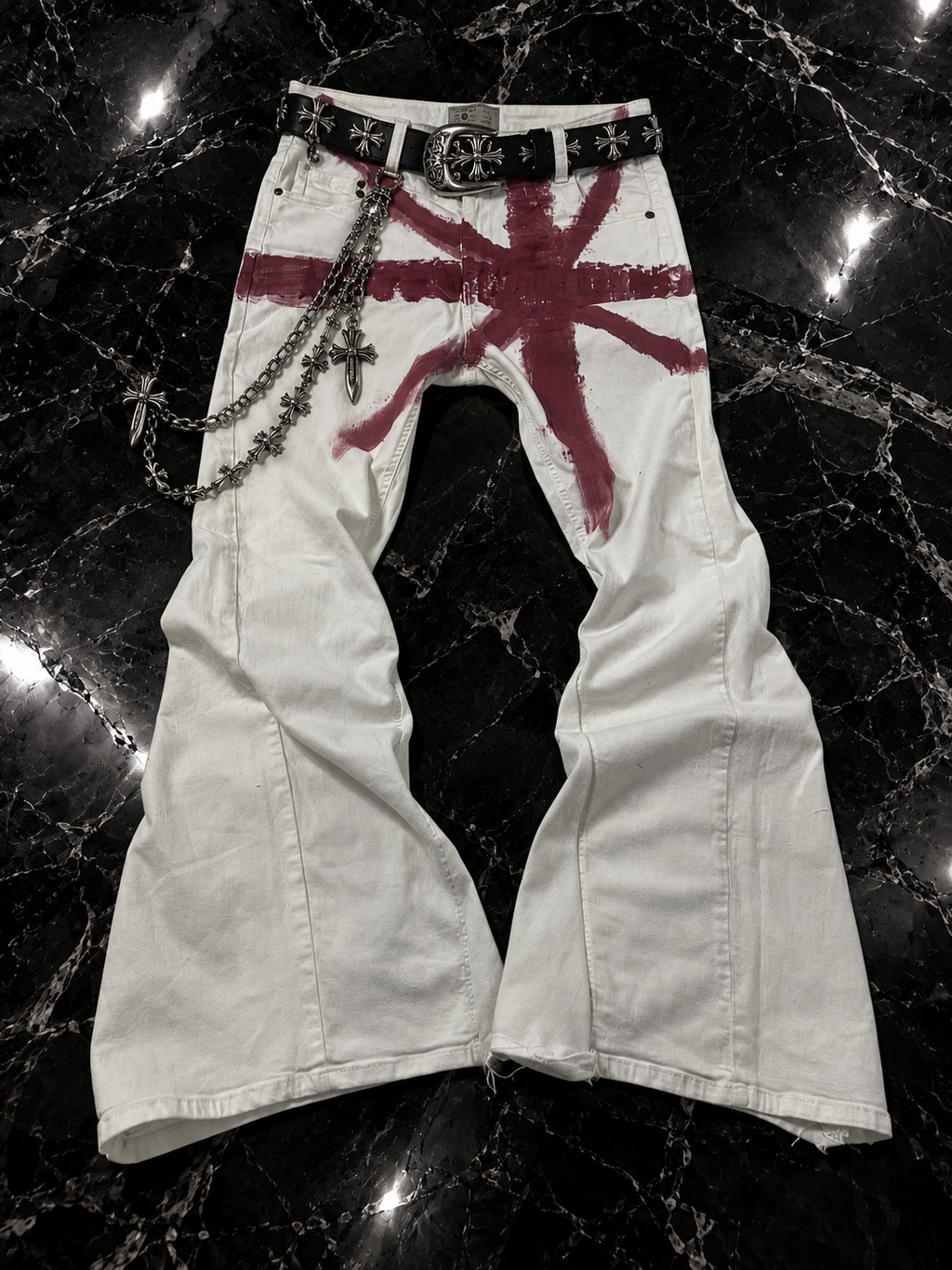 White Flare Jeans With Red Union Jack Cross
