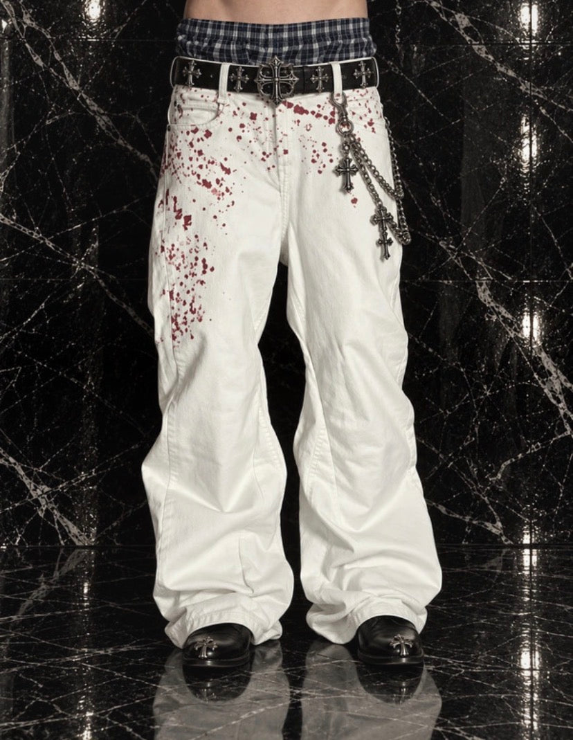 White Flare Jeans with red pattern