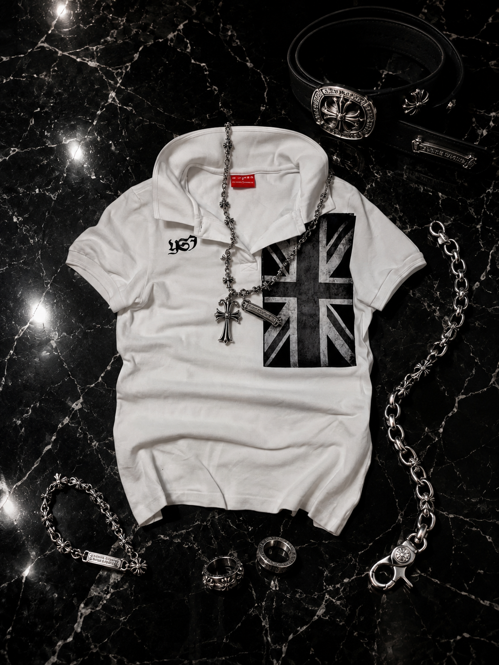 White YSJ Polo With UK Flag