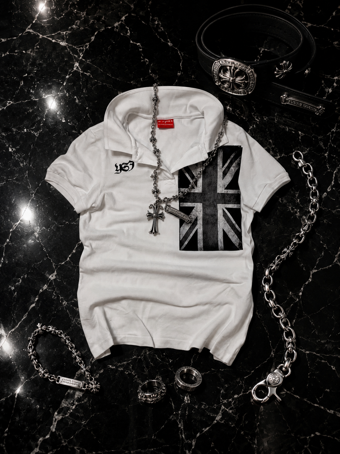 White YSJ Polo With UK Flag