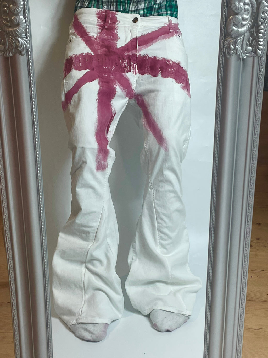 White Flare Jeans With Red Union Jack Cross