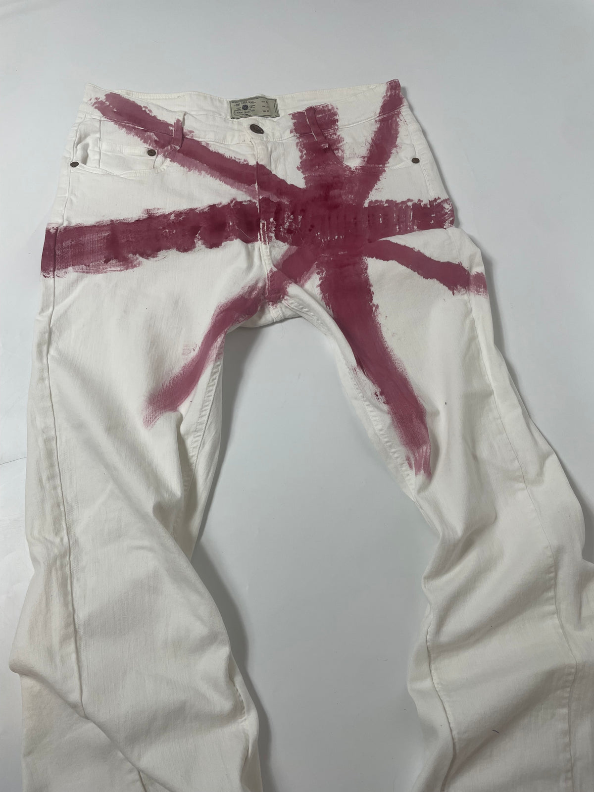 White Flare Jeans With Red Union Jack Cross
